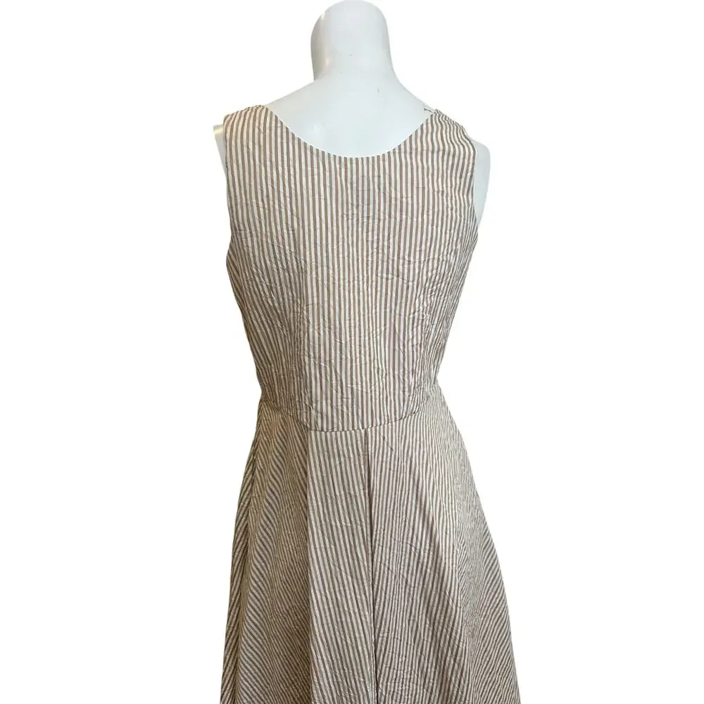 Thierry Colson Winifred Tie Front Midi Dress Cream & Tan Striped Cotton sz M - Picture 5 of 14